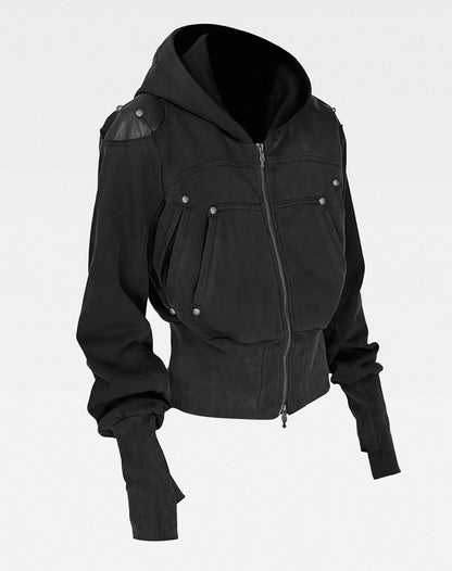 Washed Black Armor Multi-Pocket Zip Hoodie Jacket