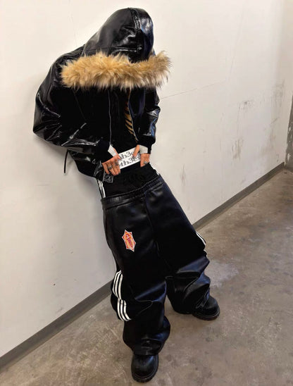 FOURTH3EX Double Waist PU Leather Pants