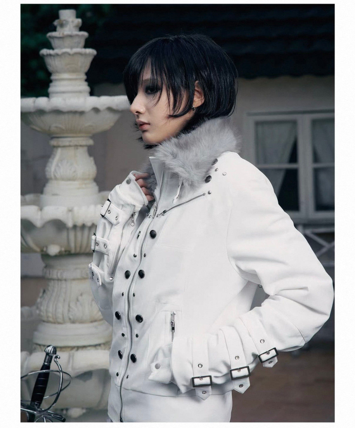 Cross Feather Napoleon Collar Suede-Touch Padded Jacket