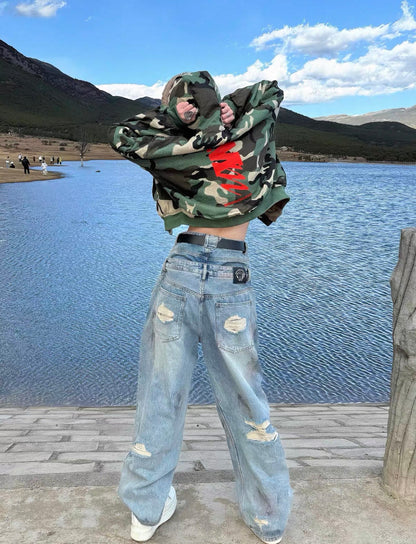 Double Waist Damaged Loose Jeans