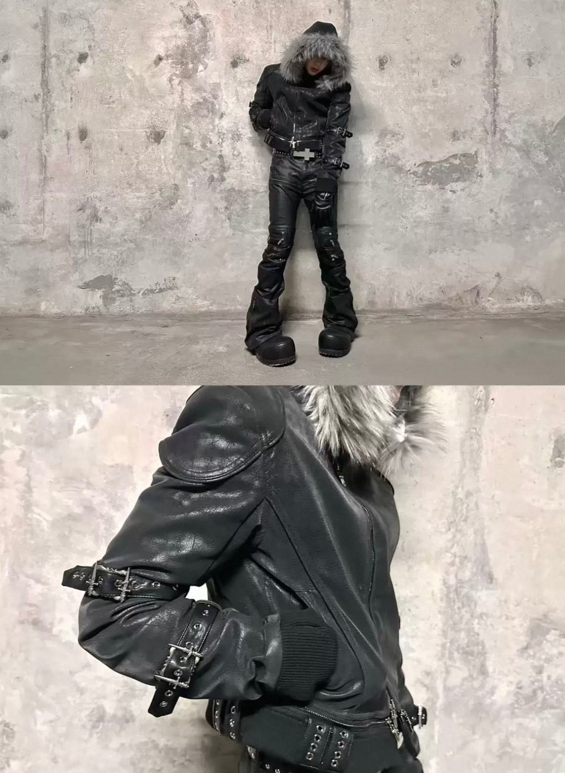Vein Texture Sacred Sword Buckle Detachable Fur Hood PU Leather Jacket