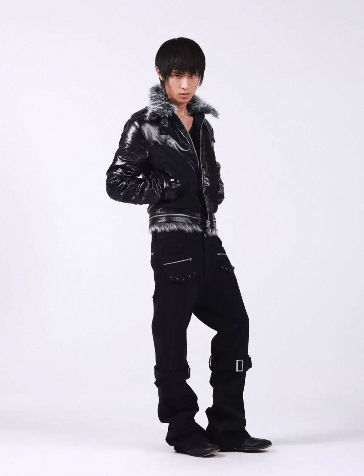 Cross Buckle Wax-Washed Fur Collar Padded Jacket