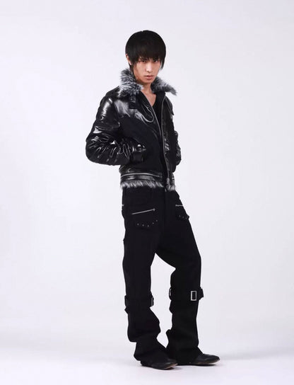 Cross Buckle Wax-Washed Fur Collar Padded Jacket