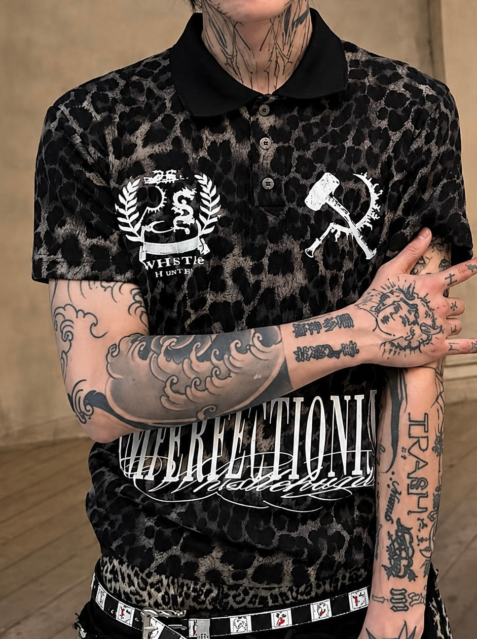 Leopard Print Graphic Short Sleeve Polo Shirt
