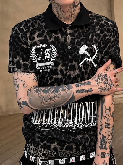 Leopard Print Graphic Short Sleeve Polo Shirt