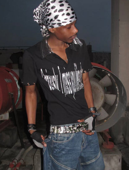 Rhinestone Cross Rivet Punk Polo Shirt