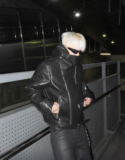 EODUP High Neck PU Leather Jacket