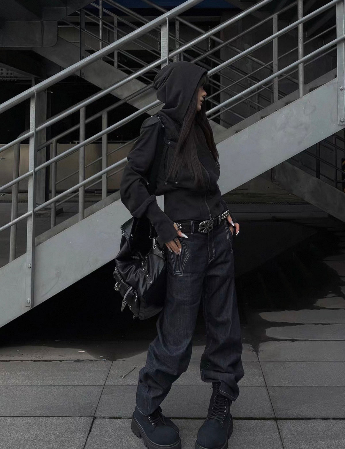 Washed Black Armor Multi-Pocket Zip Hoodie Jacket