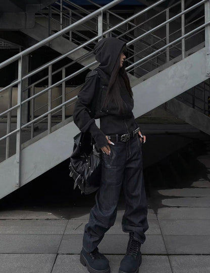 Washed Black Armor Multi-Pocket Zip Hoodie Jacket