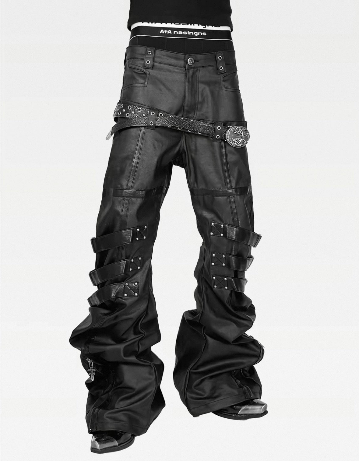 ATANOTHINGNESS Double waist Cross Strap Waxed Flare Pants