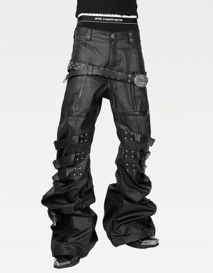 ATANOTHINGNESS Double waist Cross Strap Waxed Flare Pants