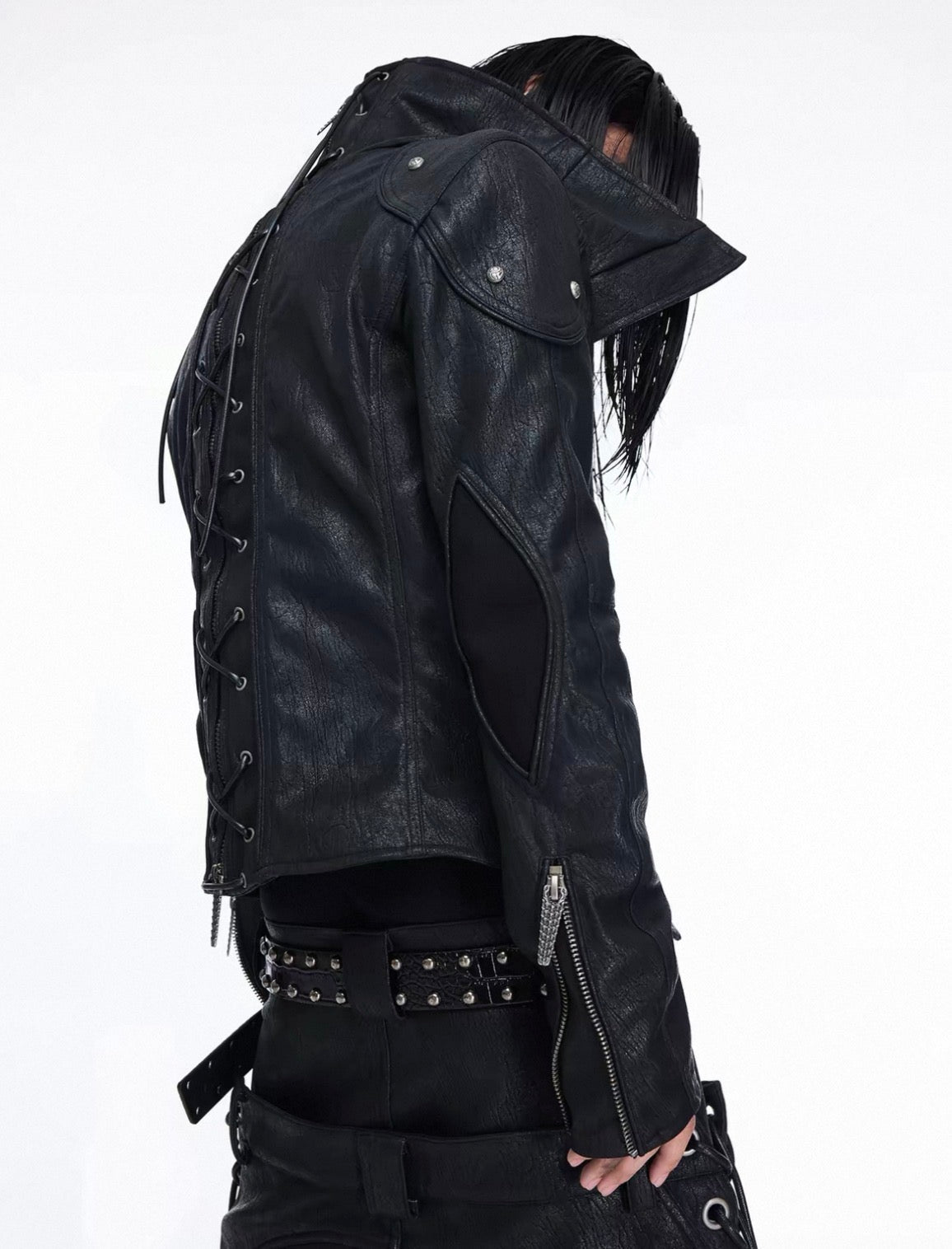 Asymmetric Split Stand Collar Leather Jacket