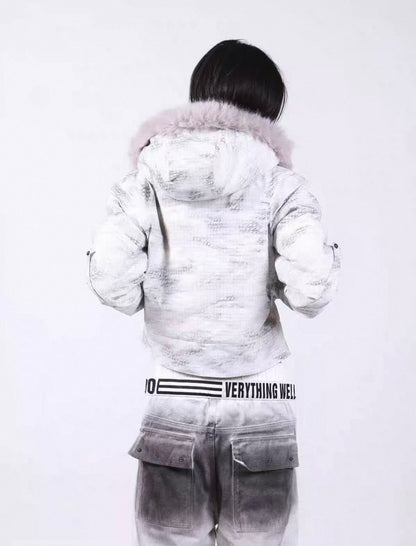 Washed Vintage Fur Collar Hooded Jacket