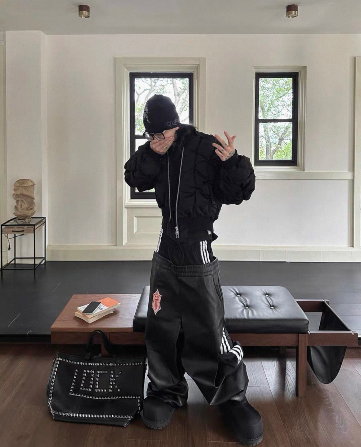 FOURTH3EX Double Waist PU Leather Pants