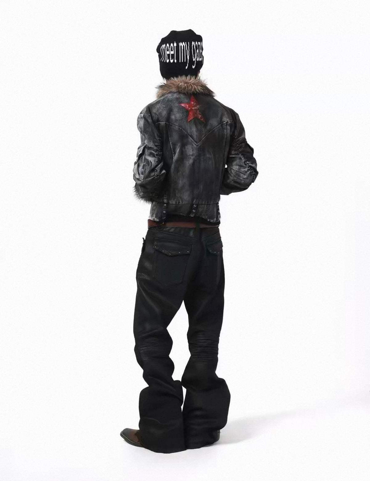 Washed Distressed Rivet Fur Collar Jacket