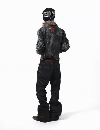 Washed Distressed Rivet Fur Collar Jacket