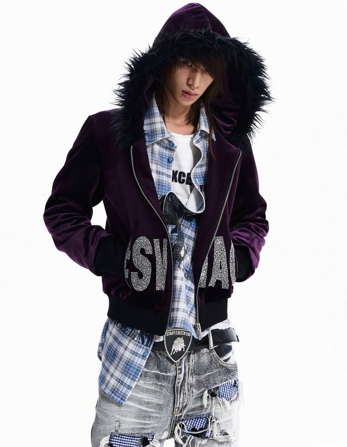 Rhinestone Logo Fur Collar Zip-Up Hoodie Jacket