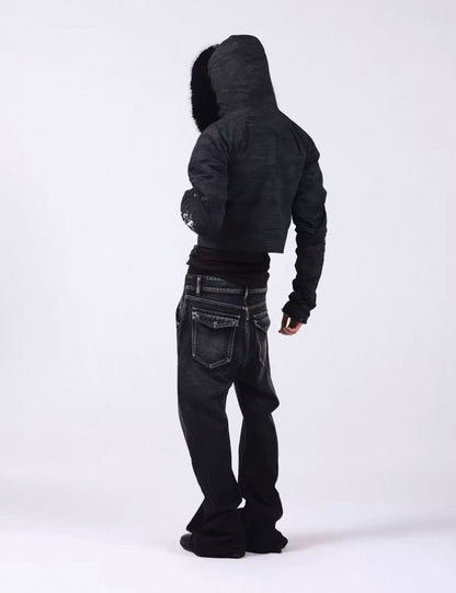 Washed Vintage Fur Collar Hooded Jacket
