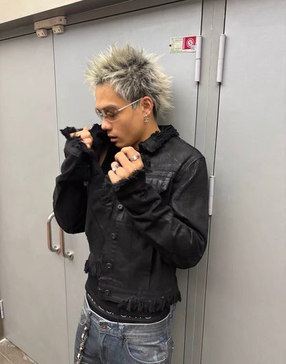 Black Coated Distressed Hem Cropped Denim Jacket