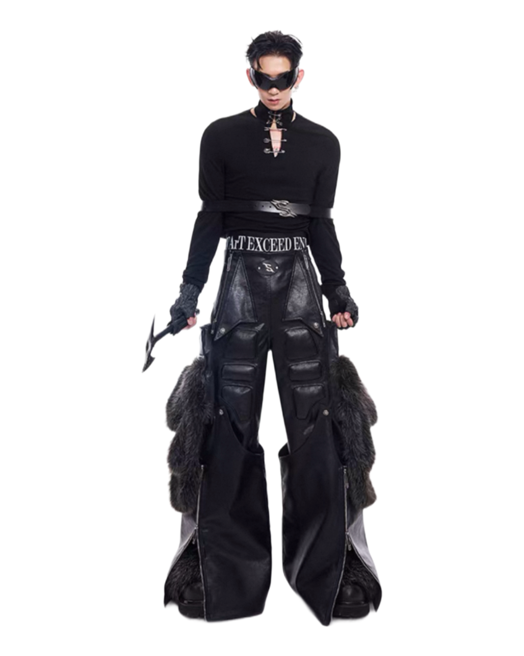 STARTEXCEEDEND Splicing Leather Fur Cargo Pants