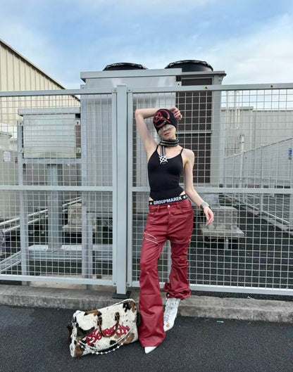 REVEL WAVE Red Lether Flare Pants