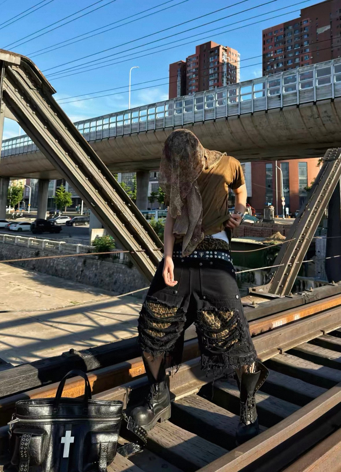 Leopard Double Waist Distressed Wash Wide Shorts