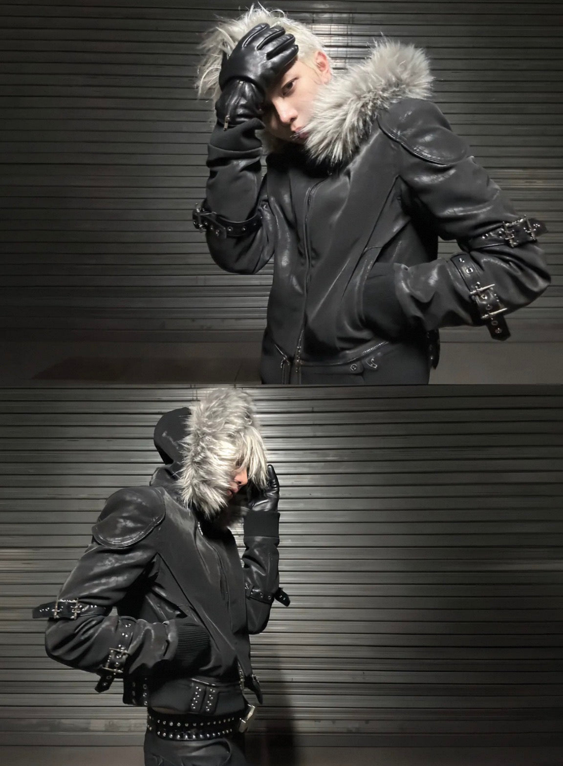 Vein Texture Sacred Sword Buckle Detachable Fur Hood PU Leather Jacket