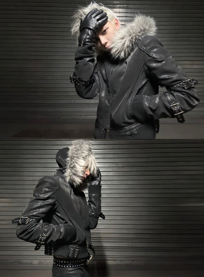 Vein Texture Sacred Sword Buckle Detachable Fur Hood PU Leather Jacket