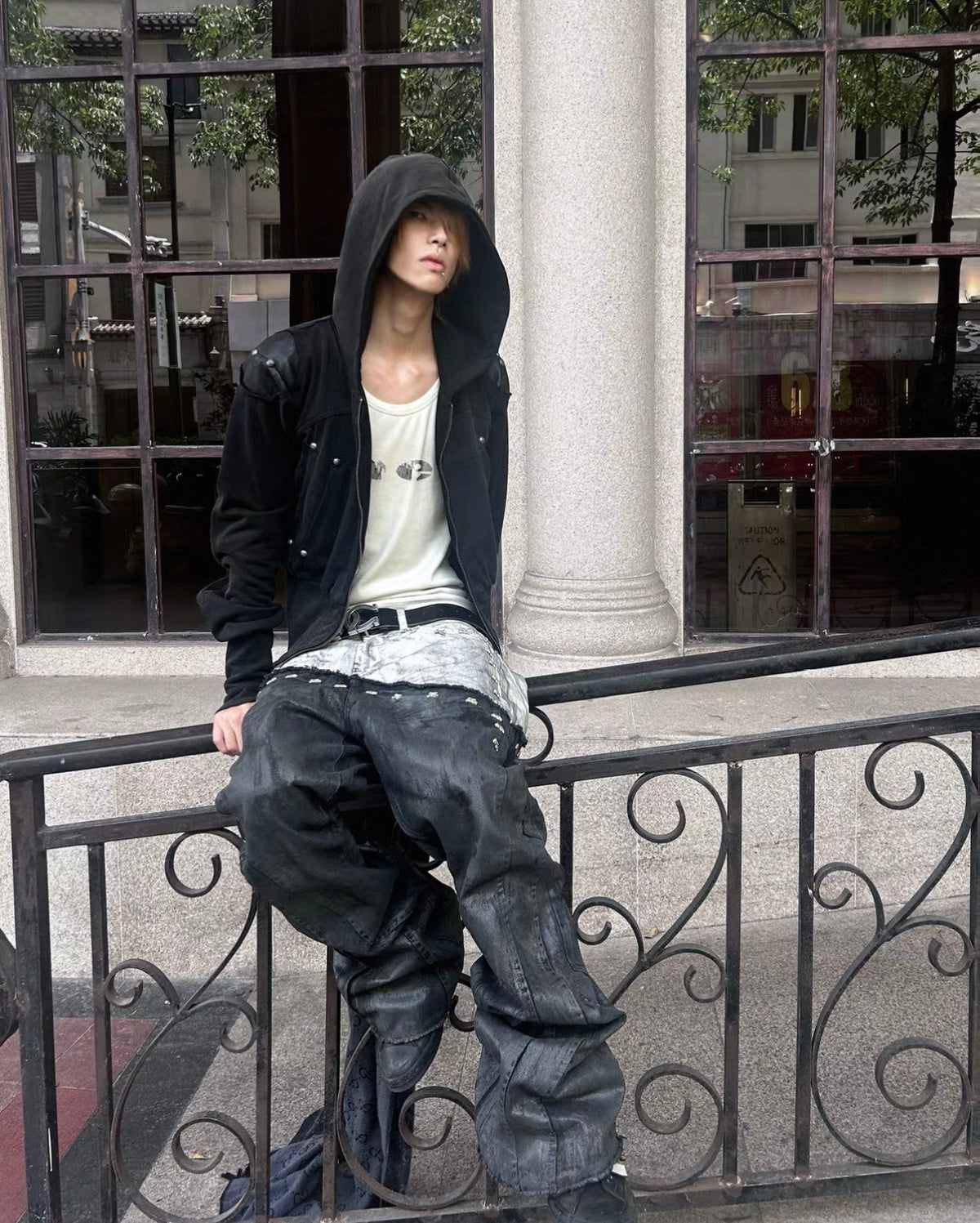 Washed Black Armor Multi-Pocket Zip Hoodie Jacket