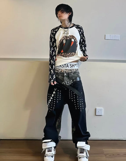 Double Waist Studded Wide Denim Pants