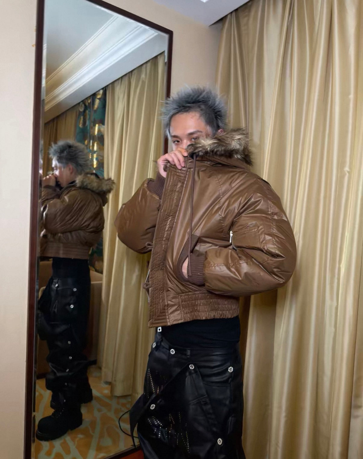 Brown Fur Trim Hood Cropped N2B Bomber Jacket