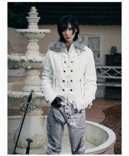 Cross Feather Napoleon Collar Suede-Touch Padded Jacket