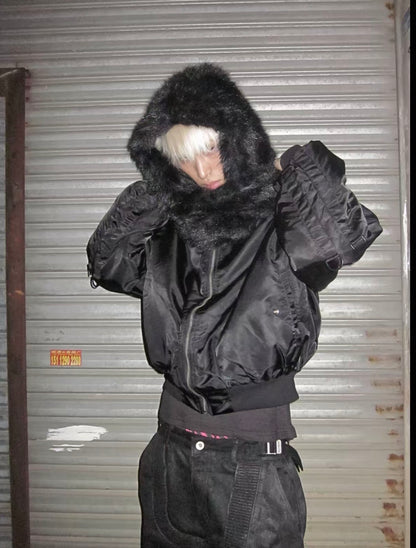 Cross Graphic Detachable Fur Collar Hooded MA-1 Jacket