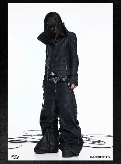 Asymmetric Split Stand Collar Leather Jacket