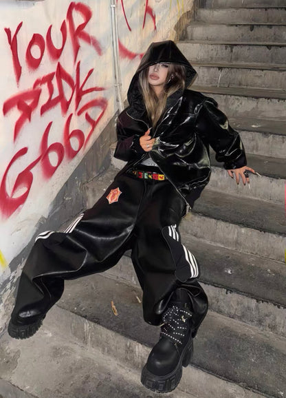 FOURTH3EX Double Waist PU Leather Pants