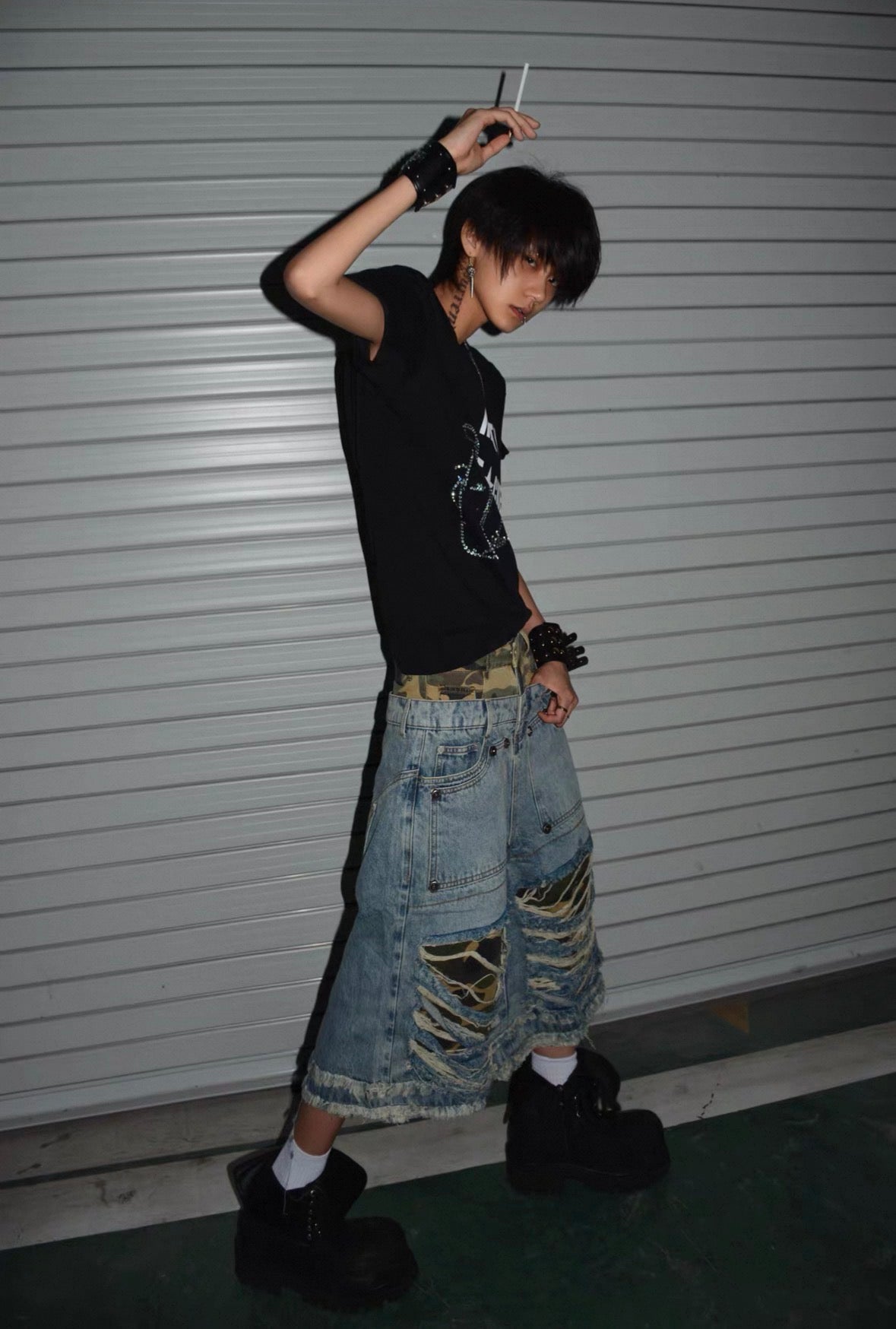 Leopard Double Waist Distressed Wash Wide Shorts