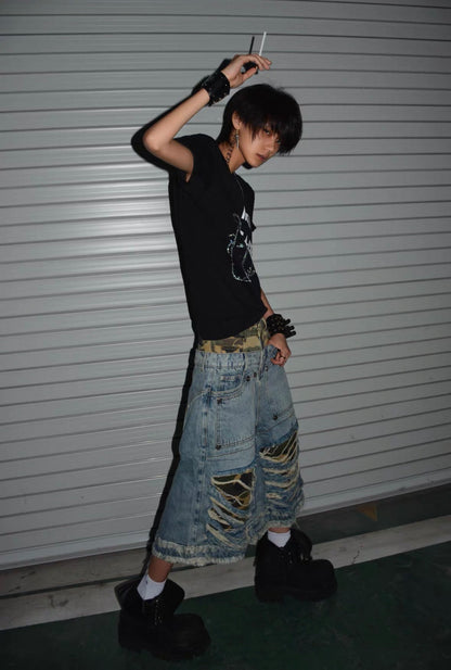 Leopard Double Waist Distressed Wash Wide Shorts