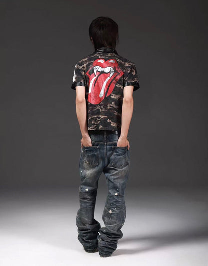 Camouflage Rhinestone Rivet Polo Shirt