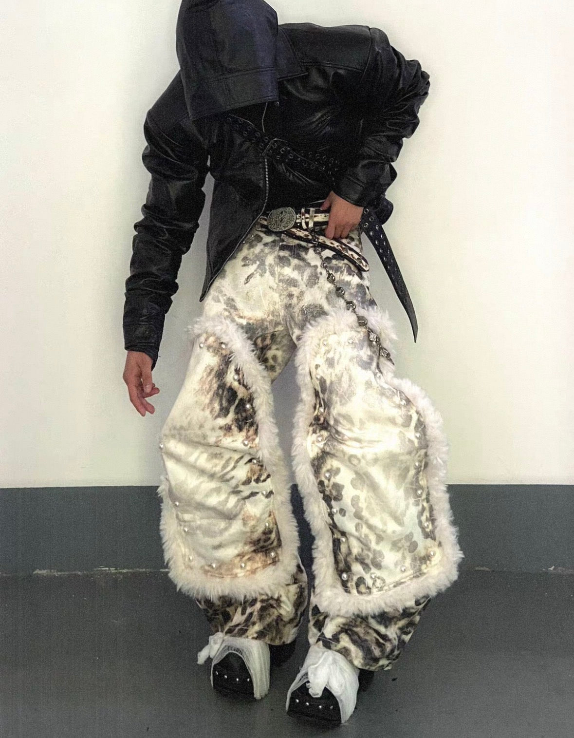 Leopard Faux Fur Wide Denim Pants