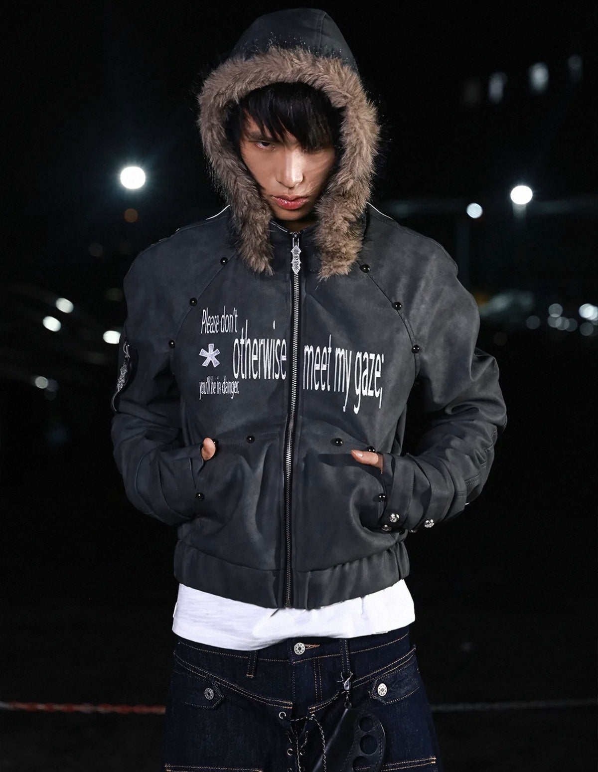 Studded Letter Print Fur Collar Cropped PU Leather Jacket