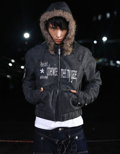 Studded Letter Print Fur Collar Cropped PU Leather Jacket