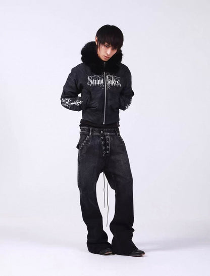 Washed Vintage Fur Collar Hooded Jacket