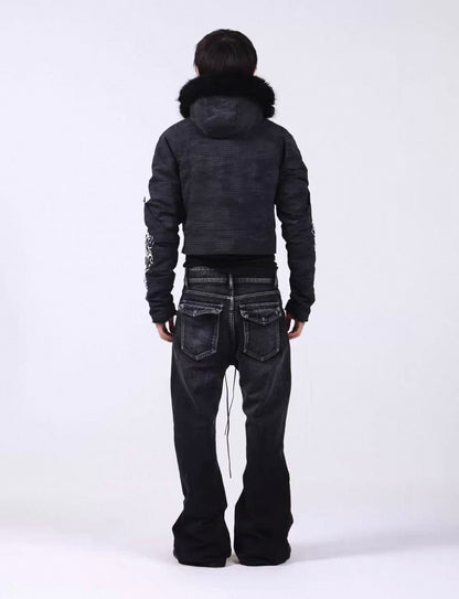Washed Vintage Fur Collar Hooded Jacket