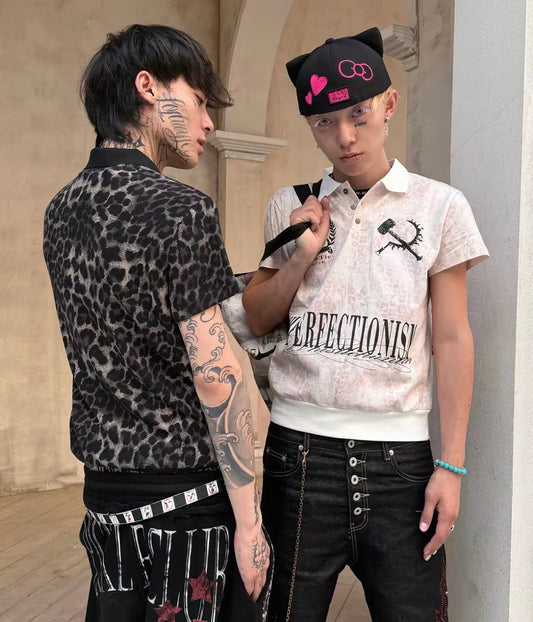 Leopard Print Graphic Short Sleeve Polo Shirt
