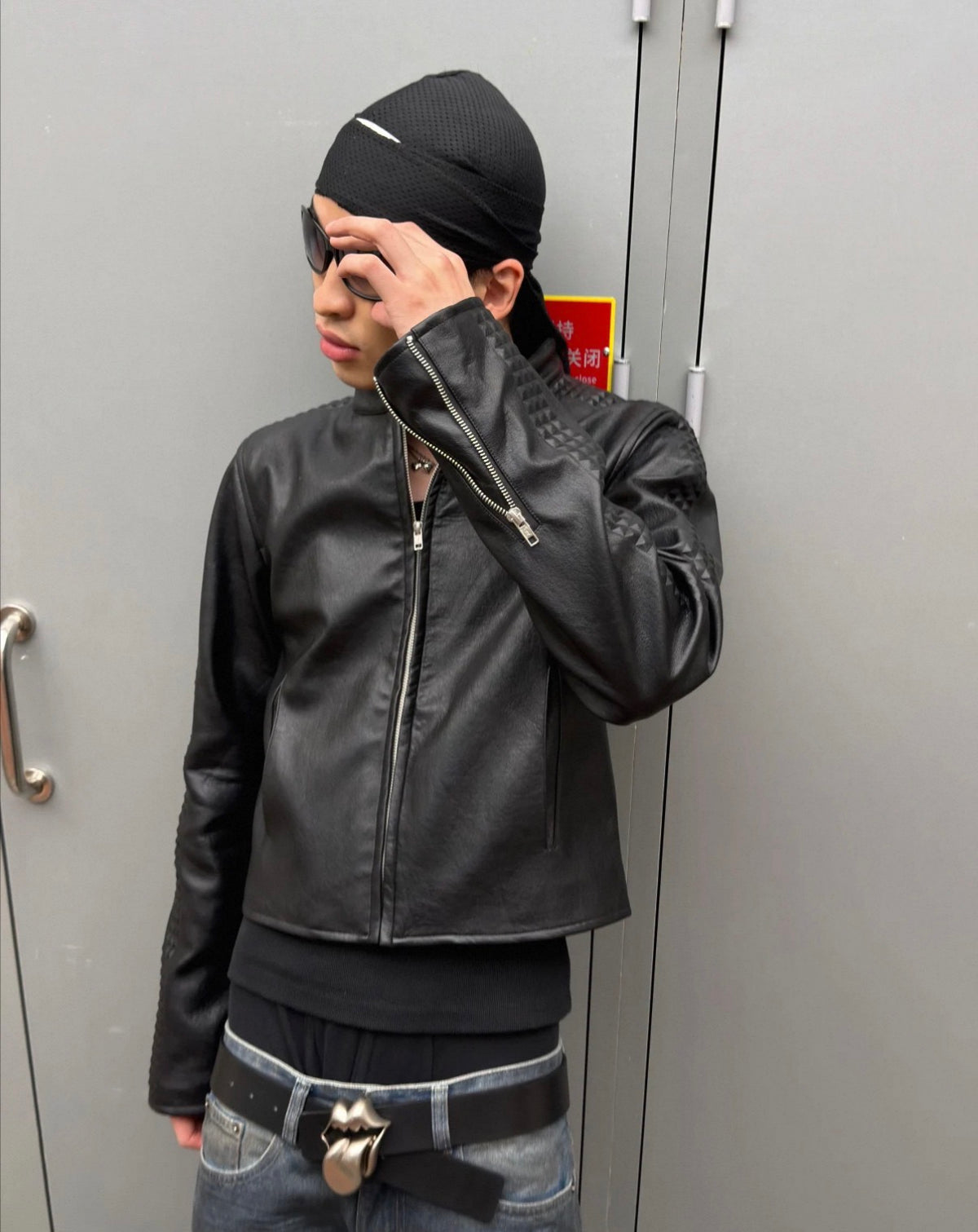 Embossed Slim Fit Cropped Faux Leather Jacket