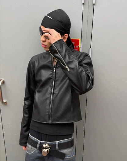 Embossed Slim Fit Cropped Faux Leather Jacket