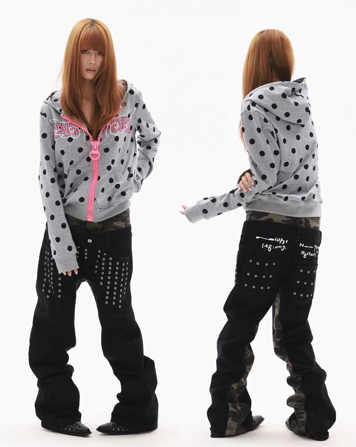 Double Waist Studded Wide Denim Pants