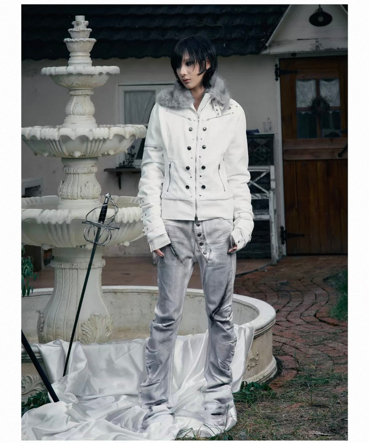 Cross Feather Napoleon Collar Suede-Touch Padded Jacket