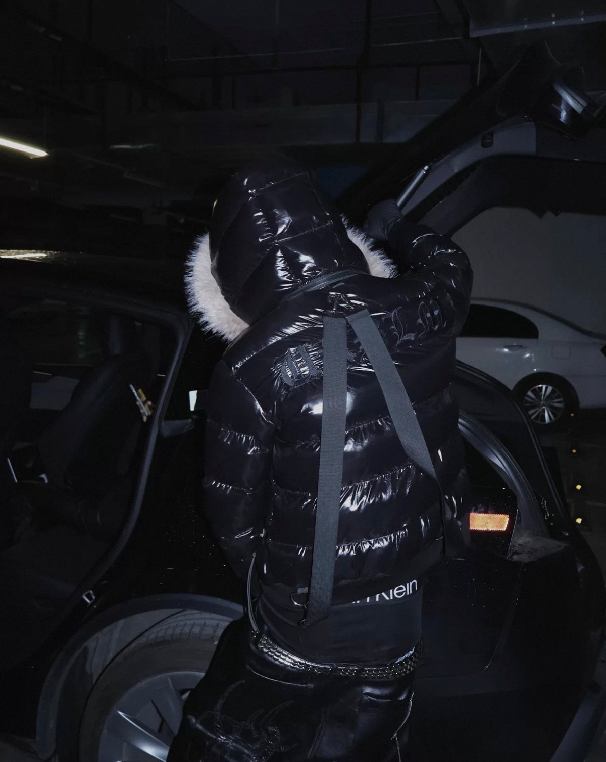 Glossy Detachable Hood Fur Collar Strap Padded Jacket