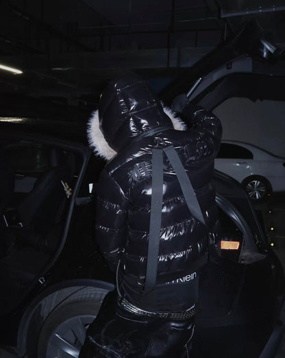 Glossy Detachable Hood Fur Collar Strap Padded Jacket